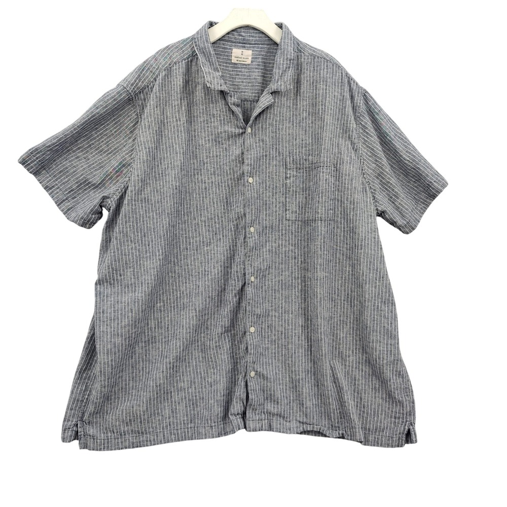 Mutual Weave Mens Coastal Beach Striped Button Up Shirt 4XLT Blue Linen Cotton